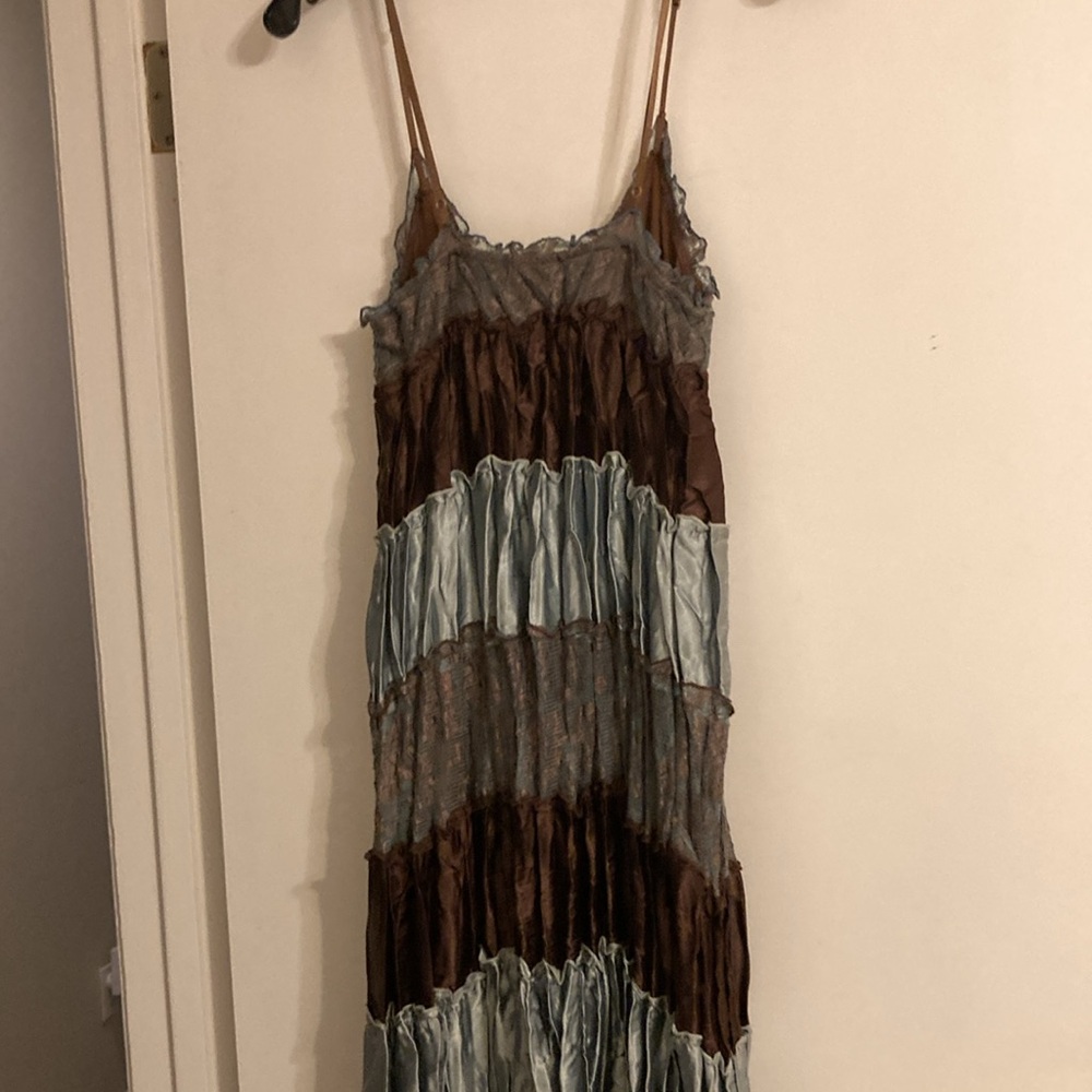 Vintage Guess Ruffled Baby Doll Dress Women's S Brown Teal Fairy Lace Y2K - Picture 2 of 10